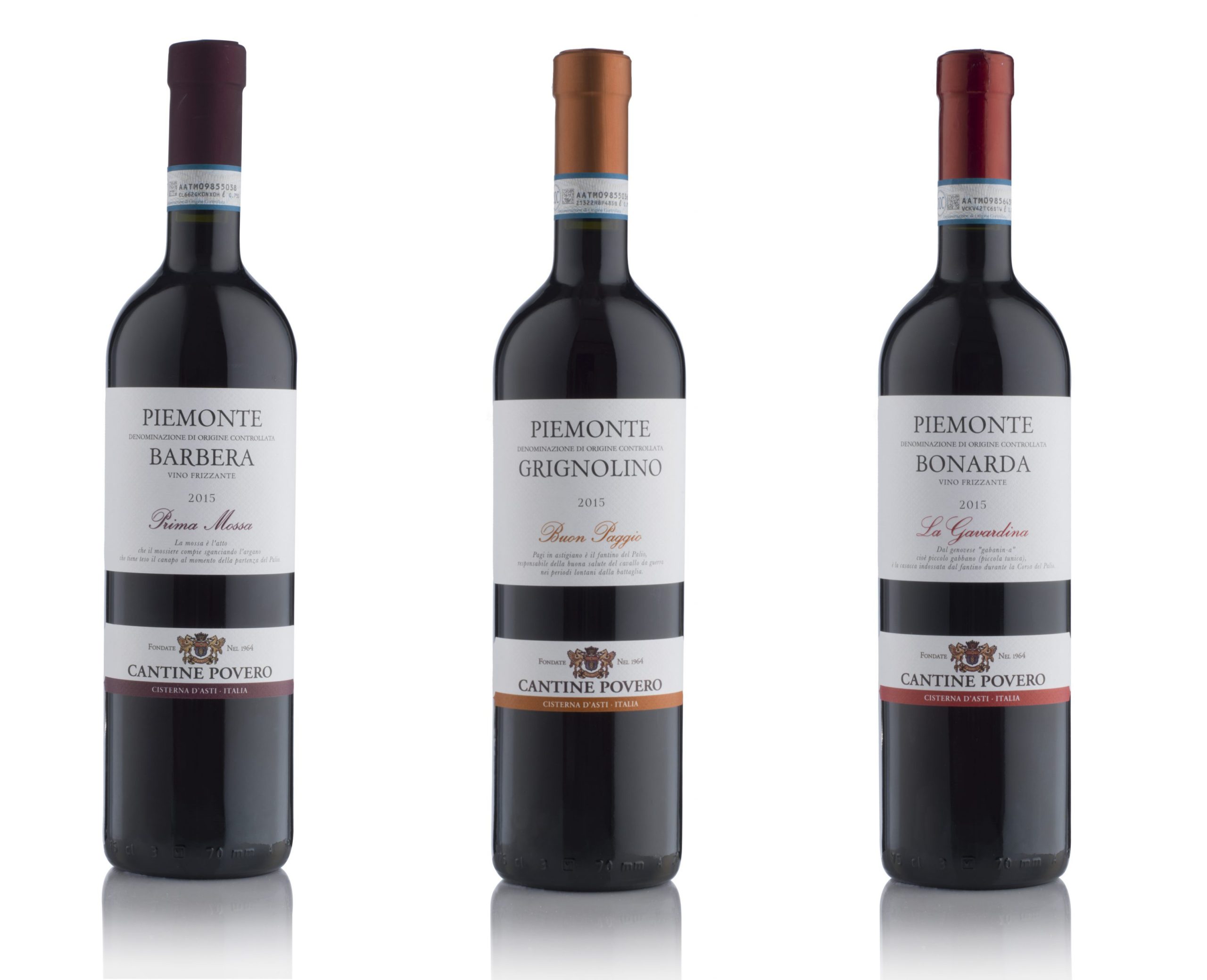 Nell'immagine tre vini rossi delle Cantine Povero, Bonarda, Grignolino e Barbera.