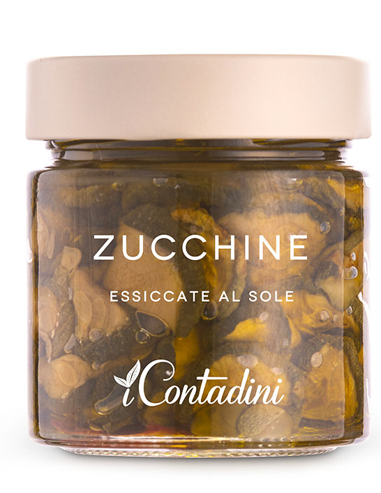 Barattolo di Zuccine essicate al sole sott'olio, della azienda "I Contadini"